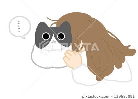 一個簡單可愛的插圖,一個疲憊的女人把臉貼在她的寵物貓身上並吮吸它 一個簡單可愛的插圖,一個疲憊的女人把臉貼在她的寵物貓身上並吮吸它 129655091