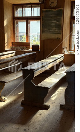 Vintage Classroom with Desks in a Rustic Village School Vintage Classroom with Desks in a Rustic Village School 129655101
