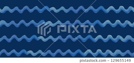 Blue watercolor wavy lines arranged in horizontal rows on dark blue background. Hand-painted wave elements, perfect for marine-themed design, decorative borders, packaging, or children illustrations Blue watercolor wavy lines arranged in horizontal rows on dark blue background. Hand-painted wave elements, perfect for marine-themed design, decorative borders, packaging, or children illustrations 129655149