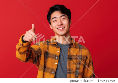 portrait of young asian woman showing thumbs 129655296