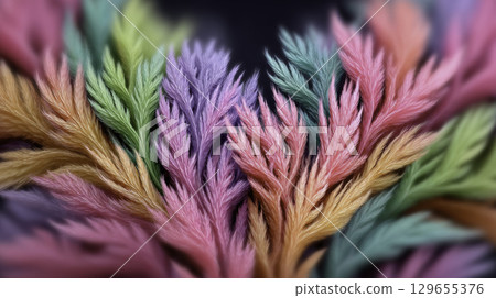 Soft, feathery textures in vivid rainbow colors fan out gracefully, evoking exotic foliage or fantasy botanical forms on a dark background. Soft, feathery textures in vivid rainbow colors fan out gracefully, evoking exotic foliage or fantasy botanical forms on a dark background. 129655376