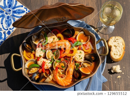 Portuguese cataplana de marisco a seafood stew with shrimp, clams, and fish in a copper pan 129655512