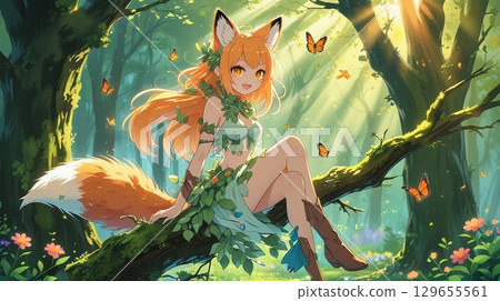 Fox girl sitting on a tree in the forest 129655561