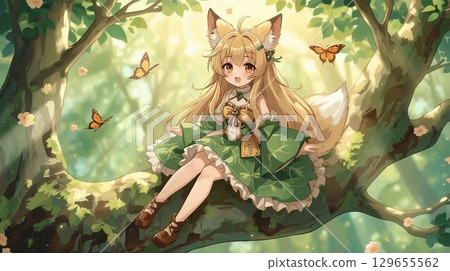 Fox girl sitting on a tree in the forest 129655562