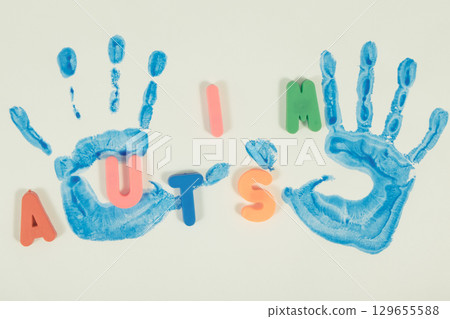 Kid handprint made of paint on white background. Autism spectrum disorder. Autism awareness 129655588