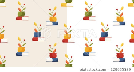 Seamless pattern with books and a flower pot 129655589