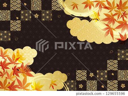 秋葉和日本圖案金箔背景 秋葉和日本圖案金箔背景 129655596
