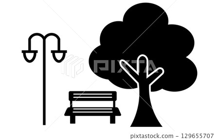 Park silhouette illustration with street lamps, benches and trees 129655707
