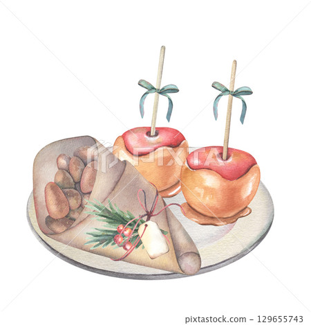 Caramelized almonds, fir branch, berries, caramel apples, bows, plate. Hand-painted watercolor illustration of sweet snacks isolated on white for cafe menu, holiday design, fair, market branding 129655743