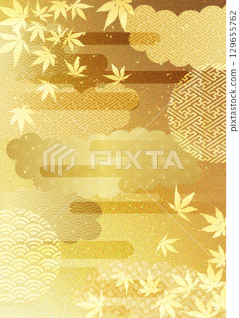 Autumn leaves and Japanese pattern gold leaf background Autumn leaves and Japanese pattern gold leaf background 129655762