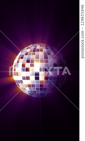Stylized disco mirror ball emitting purple light rays in dark background Stylized disco mirror ball emitting purple light rays in dark background 129655846