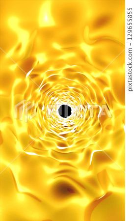 Abstract glowing golden tunnel with swirling liquid textures and a dark central void, evoking motion and energy 129655855