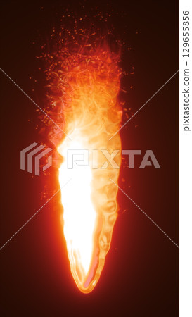 Vertical stream of fire in vivid orange and yellow, surrounded by glowing embers and smoky details in a dark environment 129655856