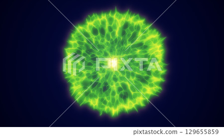 Vibrant green glowing energy sphere with branching electric patterns on a dark background 129655859
