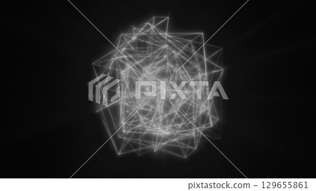 Glowing white digital sphere with bright network connections and wireframe geometric patterns on a dark background 129655861