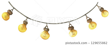 Colorful Watercolor Light Garland Christmas Decoration Hanging Bulb Festive String Border Seasonal Illustration 129655862