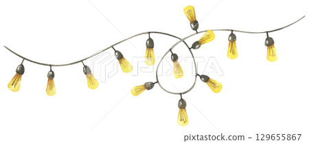 Colorful Watercolor Light Garland Christmas Decoration Hanging Bulb Festive String Border Seasonal Illustration Colorful Watercolor Light Garland Christmas Decoration Hanging Bulb Festive String Border Seasonal Illustration 129655867