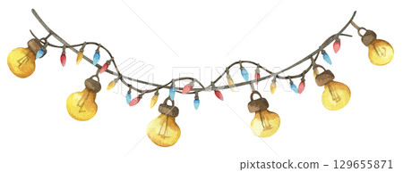 Colorful Watercolor Light Garland Christmas Decoration Hanging Bulb Festive String Border Seasonal Illustration 129655871