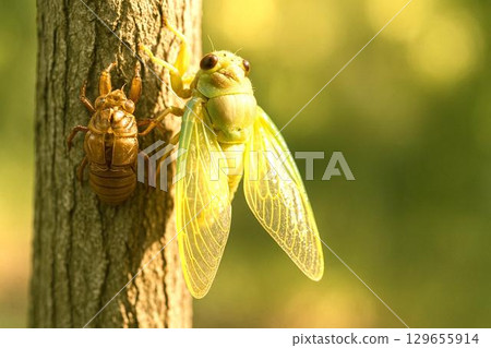 夏蟬素材：新出現，樹木，藍天和蟬 129655914
