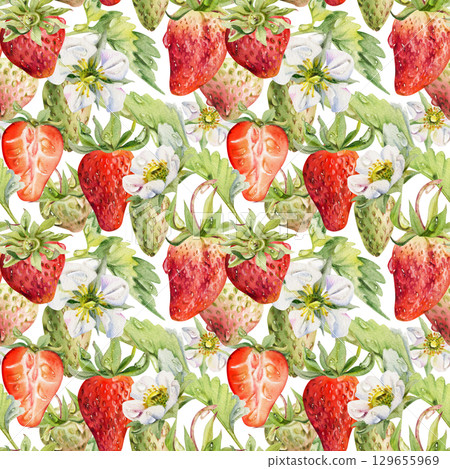 Strawberry ripe garden berries, flowers in water dew drops hand drawn in watercolor. Seamless isolated banner garland. Home preserves, textile fabrics, food store decor, recipe book, dessert menu Strawberry ripe garden berries, flowers in water dew drops hand drawn in watercolor. Seamless isolated banner garland. Home preserves, textile fabrics, food store decor, recipe book, dessert menu 129655969