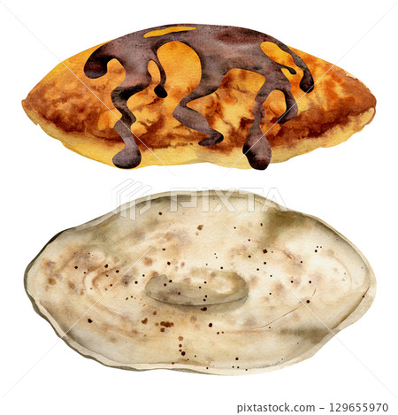 Handmade ceramic clay dish, baked pancake flapjack pastry with chocolate ganache topping. Isolated food illustration hand painted in watercolor. Breakfast prints, organic packaging, editorial layouts. 129655970