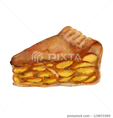 Hand drawn apple pie slice, fruit tart cut piece, peach strudel baked pastry portion. Watercolor isolated illustration. Recipe cards, food fest graphics, homemade dessert printables, wrapping paper. 129655999