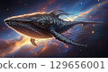 An epic, cinematic concept art of an ancient, sentient starship shaped like a celestial whale, migrating through a nebula of cosmic dust and golden starlight 129656001