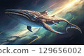 An epic, cinematic concept art of an ancient, sentient starship shaped like a celestial whale, migrating through a nebula of cosmic dust and golden starlight 129656002