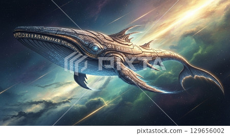 An epic, cinematic concept art of an ancient, sentient starship shaped like a celestial whale, migrating through a nebula of cosmic dust and golden starlight 129656002