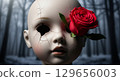 A hyper-realistic close-up of a shattered porcelain doll's face, with a single, perfect rose growing from one of its cracked eye sockets. The background is a soft, dreamlike blur of a winter forest 129656003