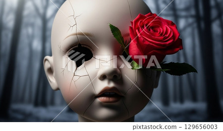 A hyper-realistic close-up of a shattered porcelain doll's face, with a single, perfect rose growing from one of its cracked eye sockets. The background is a soft, dreamlike blur of a winter forest 129656003
