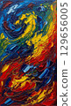 A dynamic, abstract painting representing a 'symphony of colors.' The canvas is filled with swirling, fluid motions of vibrant paints deep blues, energetic yellows, and fiery reds 129656005