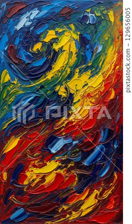A dynamic, abstract painting representing a 'symphony of colors.' The canvas is filled with swirling, fluid motions of vibrant paints deep blues, energetic yellows, and fiery reds 129656005