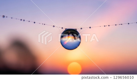 A macro photograph of a single dewdrop on a spiderweb at dawn. Inside the dewdrop, the entire world is reflected in a beautiful, distorted miniature.  129656010