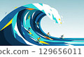 A stylized, graphic art piece of a powerful wave made of interconnected geometric shapes and vibrant, flat colors. Inside the wave, tiny surfers are riding the crests on boards 129656011