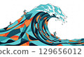 A stylized, graphic art piece of a powerful wave made of interconnected geometric shapes and vibrant, flat colors. Inside the wave, tiny surfers are riding the crests on boards 129656012
