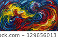 A dynamic, abstract painting representing a 'symphony of colors.' The canvas is filled with swirling, fluid motions of vibrant paints deep blues, energetic yellows, and fiery reds 129656013
