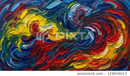 A dynamic, abstract painting representing a 'symphony of colors.' The canvas is filled with swirling, fluid motions of vibrant paints deep blues, energetic yellows, and fiery reds 129656013