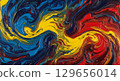 A dynamic, abstract painting representing a 'symphony of colors.' The canvas is filled with swirling, fluid motions of vibrant paints deep blues, energetic yellows, and fiery reds 129656014