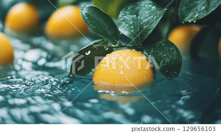 A refreshing summer fruit of lemons floating on the water surface and leaves with water droplets 129656103