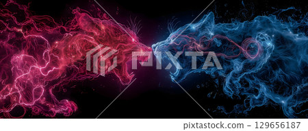 A red and blue beast emerges from a pitch-black background, and lightning strikes it. 129656187