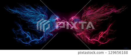 A fantastical showdown between red and blue phoenixes and lightning bolts 129656188