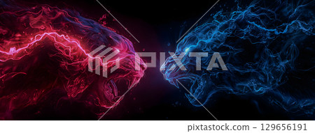 A fantastic lightning battle between opposing red and blue beasts 129656191