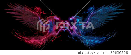 A thunderous display of phoenixes against a pitch black background A thunderous display of phoenixes against a pitch black background 129656208