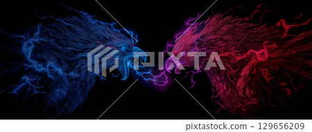 A mystical confrontation between red and blue phoenixes spreading their wings of energy 129656209