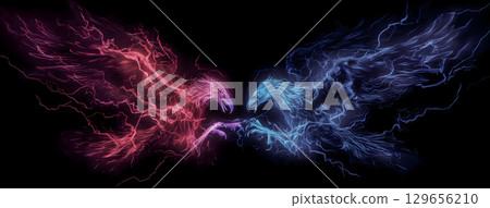 A fantastical showdown between red and blue phoenixes and lightning bolts 129656210