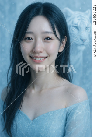 Beautiful woman AI reflected with a white tiger 129656228