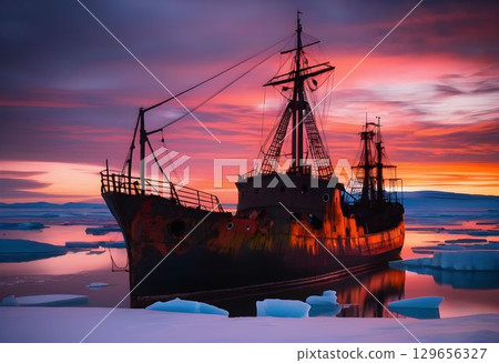 Abandoned Whaling Ship Amid Arctic Sunset and Oil-Leaked Waters 129656327