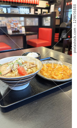 Restaurant menu (chilled ramen and chili shrimp from a chain restaurant) Restaurant menu (chilled ramen and chili shrimp from a chain restaurant) 129656888
