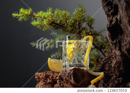 Hard seltzer with lemon in a crystal glass on an old board. 129657059